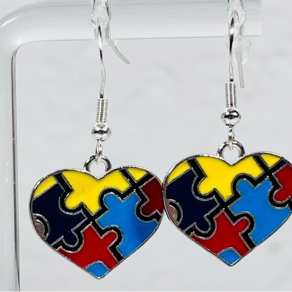 @christidr Jewelry - Autism Heart Puzzle Piece Dangle Earrings - Multicolor Enamel